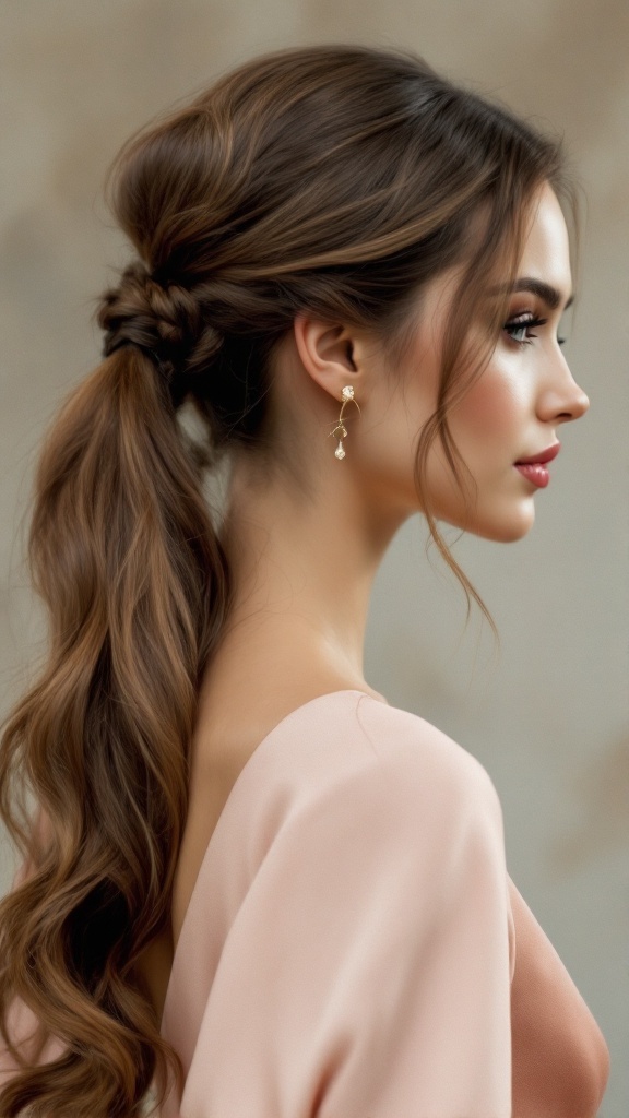 A woman with a half up half down ponytail, showcasing soft waves and elegant earrings.