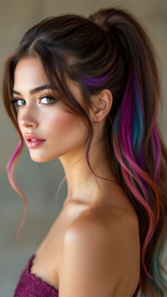 A young woman with a half up half down ponytail featuring colorful highlights in shades of pink, purple, and blue.
