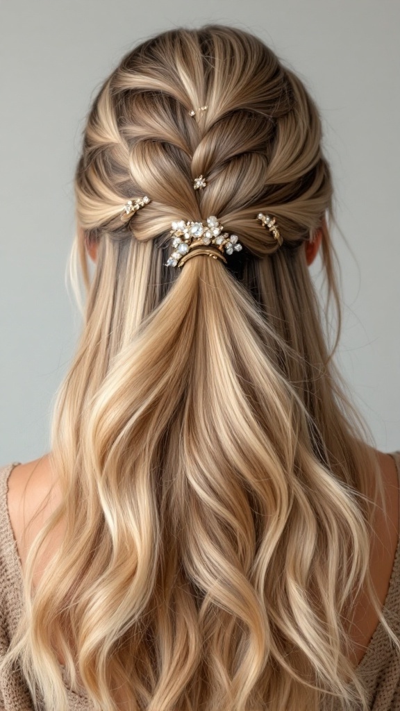 A stylish half up half down ponytail adorned with decorative hair accessories.
