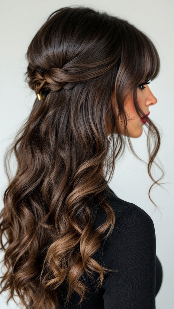 A woman with long, wavy hair styled in a half up half down look with bangs.
