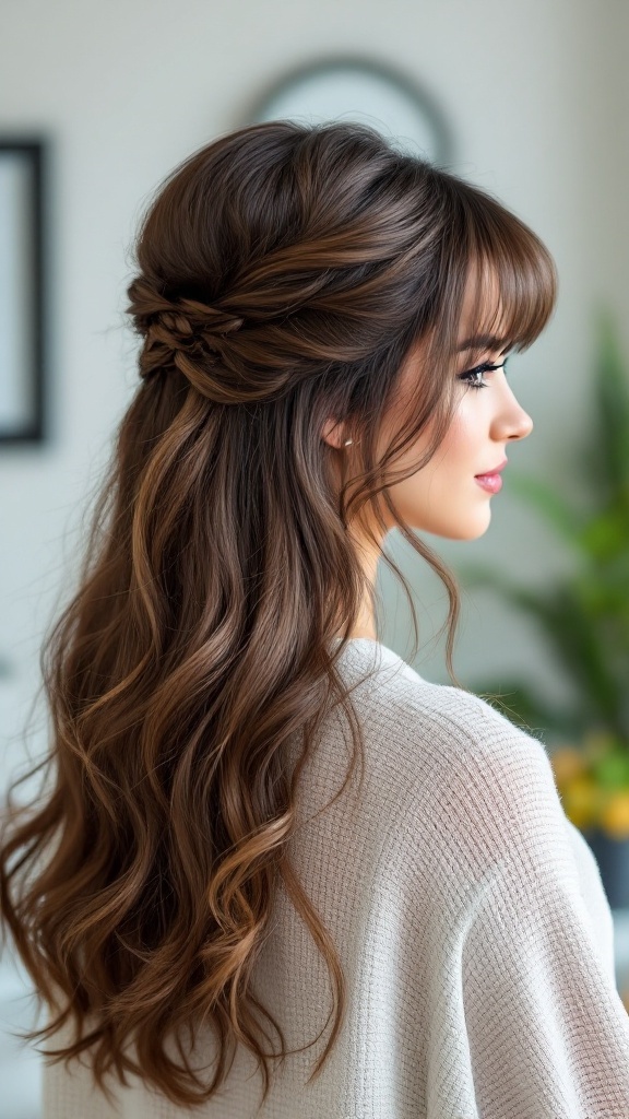 A woman with half up half down hairstyle featuring bangs, showcasing a stylish look perfect for work.