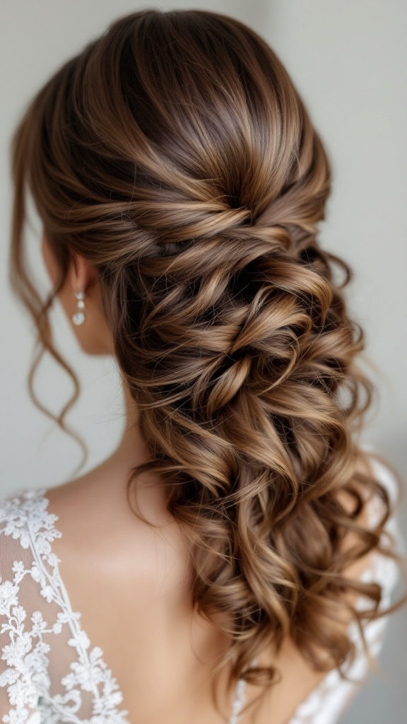 A half up half down hairstyle with curls and bangs, perfect for special occasions.