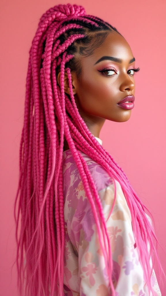 A woman with pink box braids styled in a half up half down hairstyle.