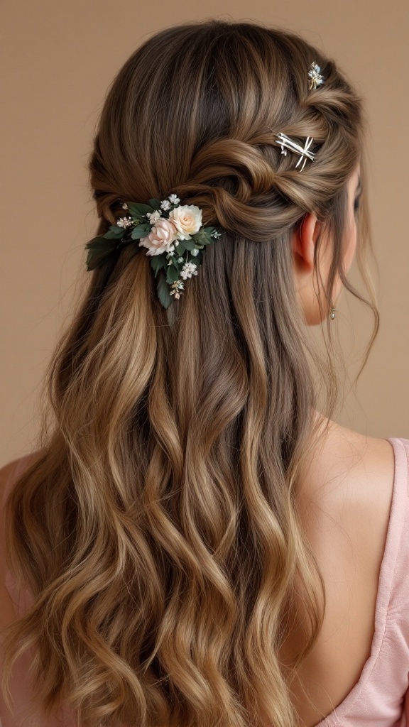 Half up half down hairstyle with floral and metallic hair accessories
