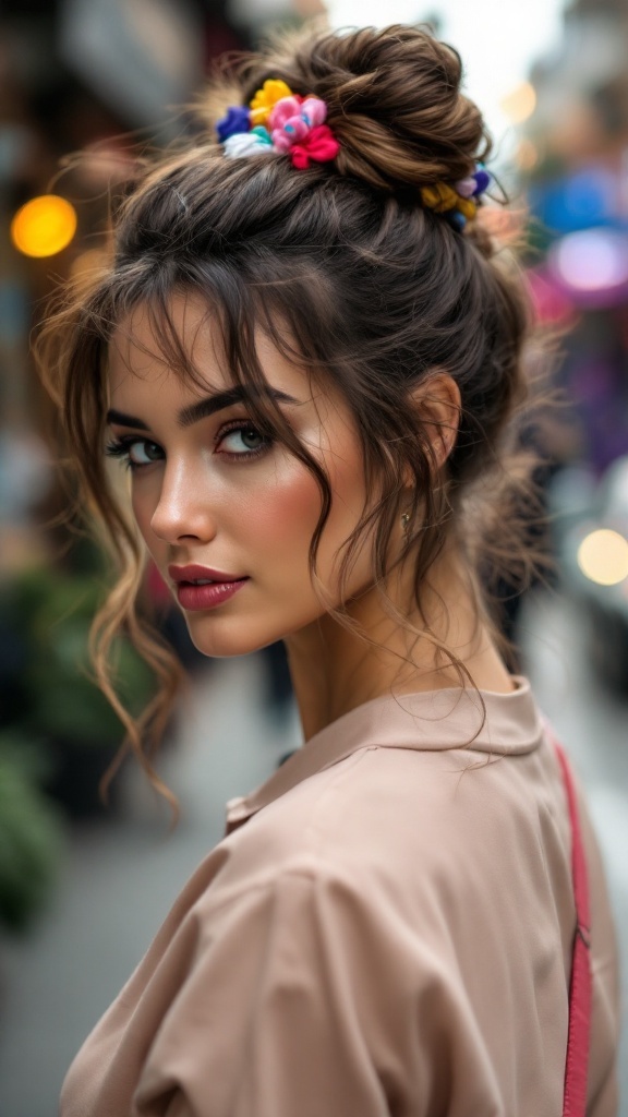 A woman with a half up half down bun hairstyle, adorned with colorful flower accessories.