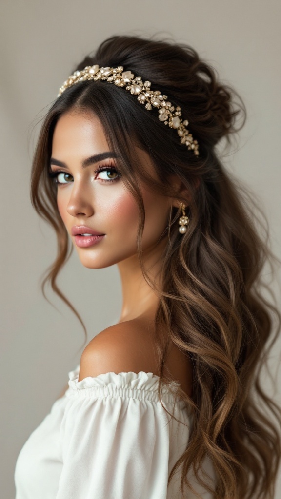 A woman with half up half down hairstyle adorned with a decorative headband