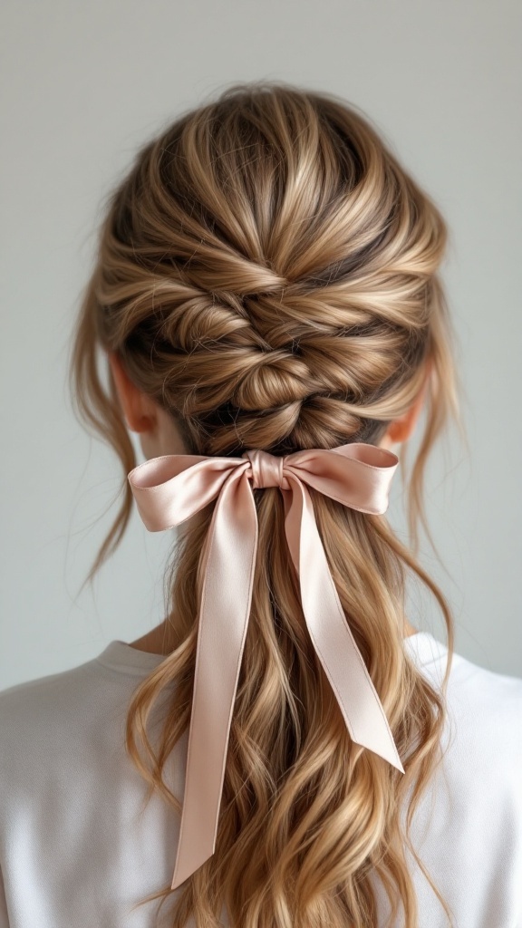 A beautiful half up half down hairstyle with braids and a pink ribbon bow at the back.