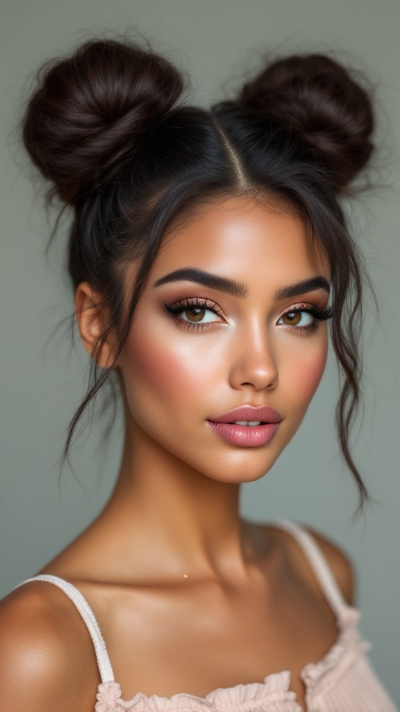 A model with half up half down hairstyle featuring two space buns