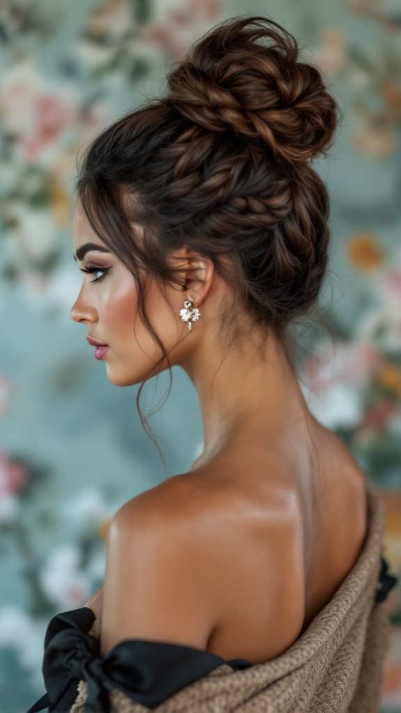 A close-up of a woman with a half up half down hairstyle featuring twists and a bun, wearing fashionable earrings.