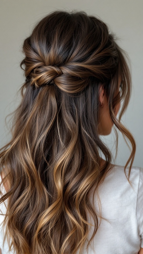 Half up half down hairstyle with waves, featuring a twisted section on top and flowing hair below