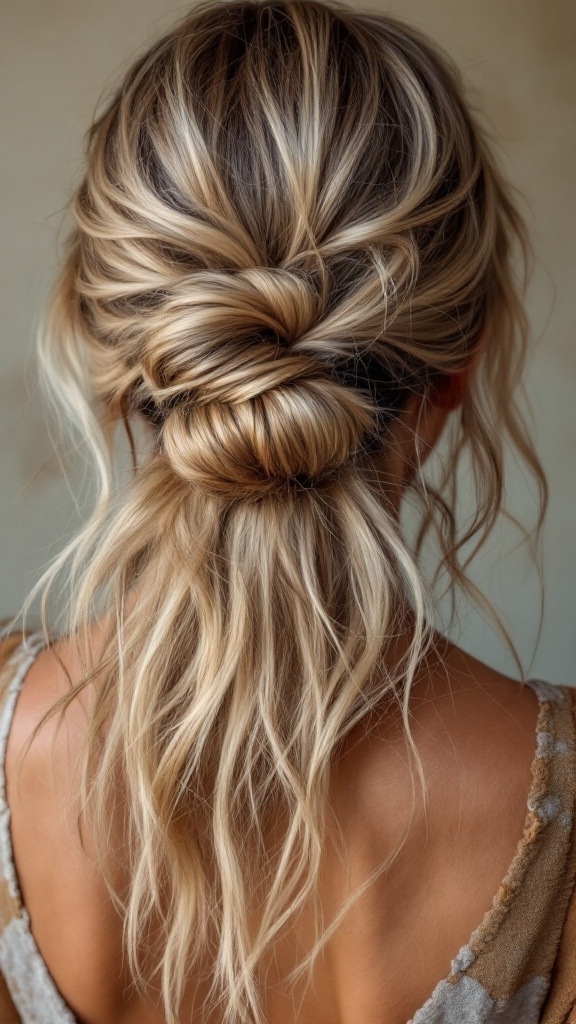 A stylish half up messy bun with loose strands framing the face
