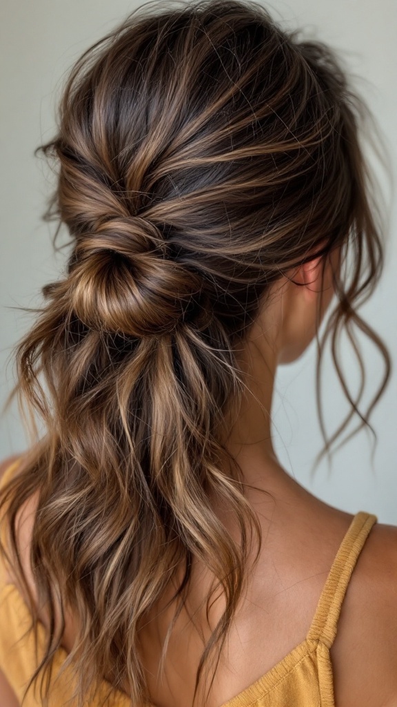 A hairstyle featuring a half up messy bun with wispy bangs, showcasing loose waves and a relaxed look.