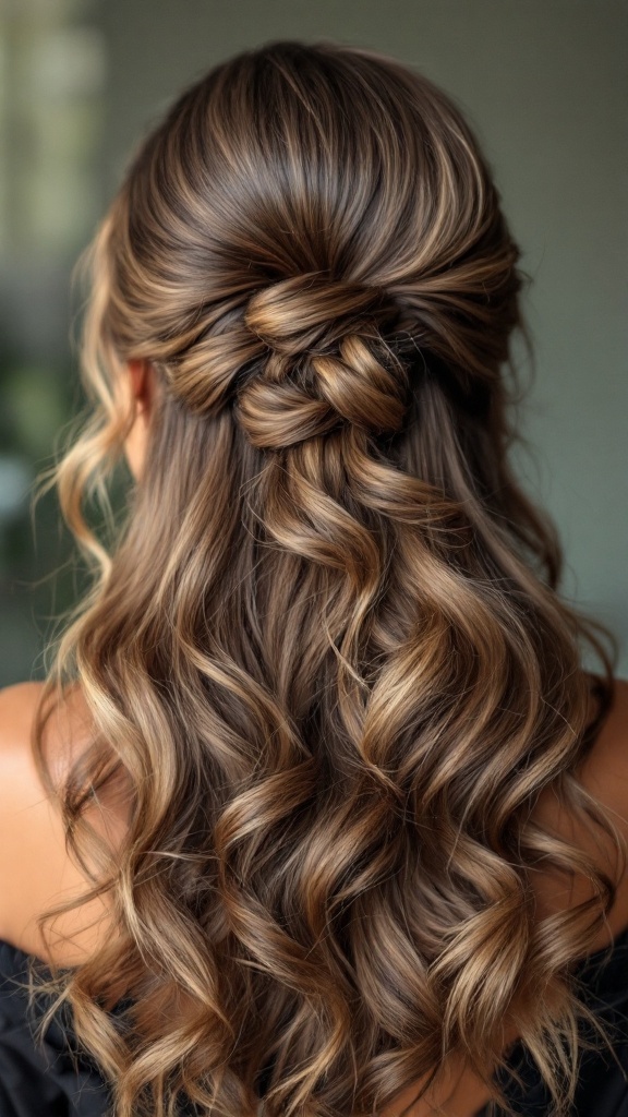 Half up pompadour hairstyle with soft curls for medium-length hair