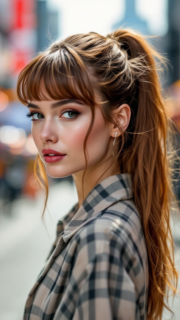 A woman with a half up ponytail and face-framing bangs, showcasing a stylish hairstyle.