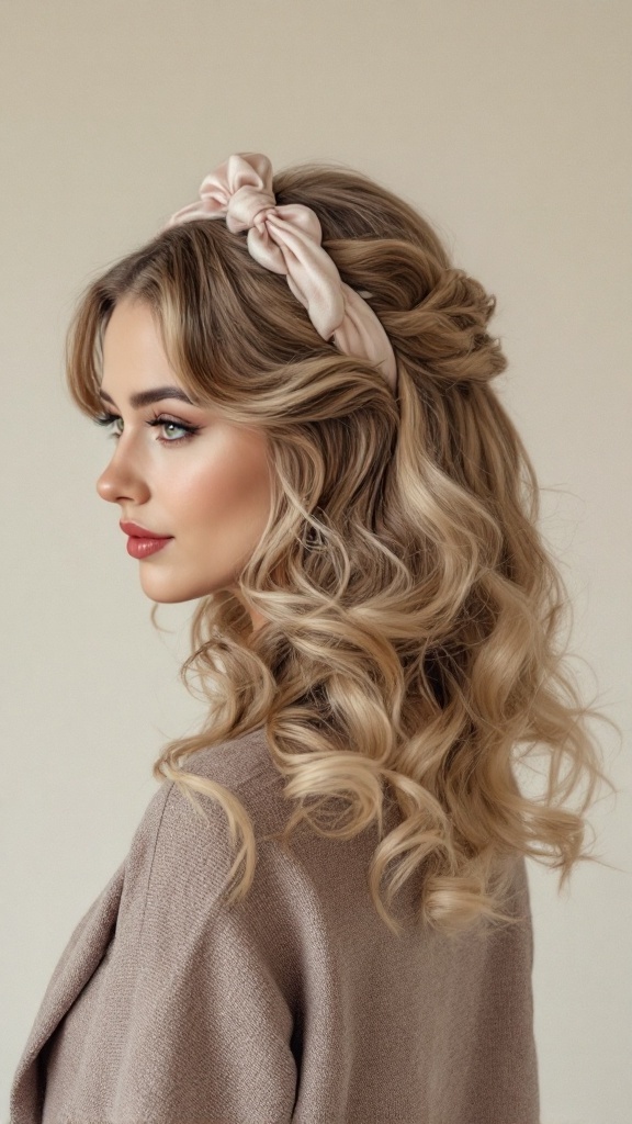 A woman with medium-length hair styled in half up retro waves, adorned with a soft hairband.
