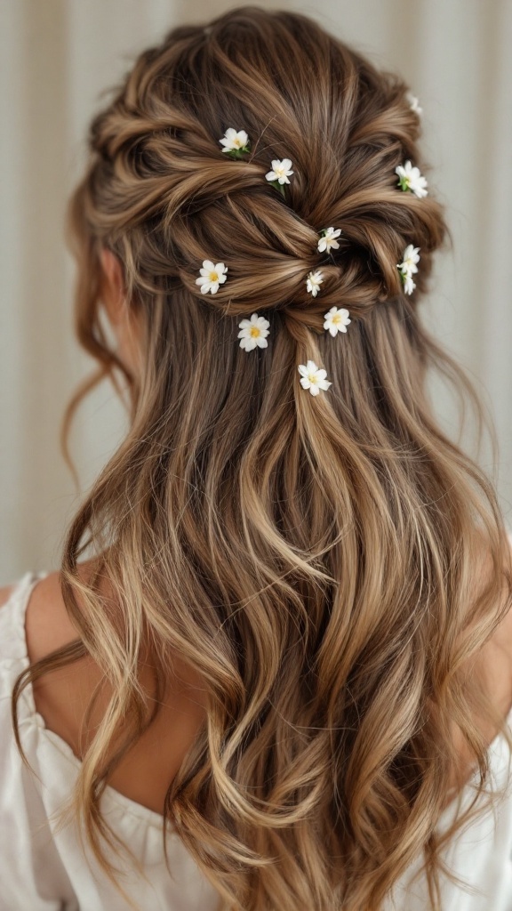 Half up side braid hairstyle with floral clips on medium length hair.
