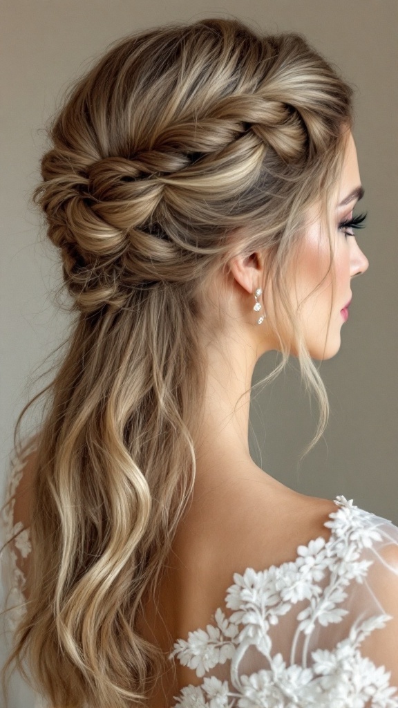 A woman with medium-length hair styled in a half up twist with a side sweep, showcasing soft waves and elegant earrings.