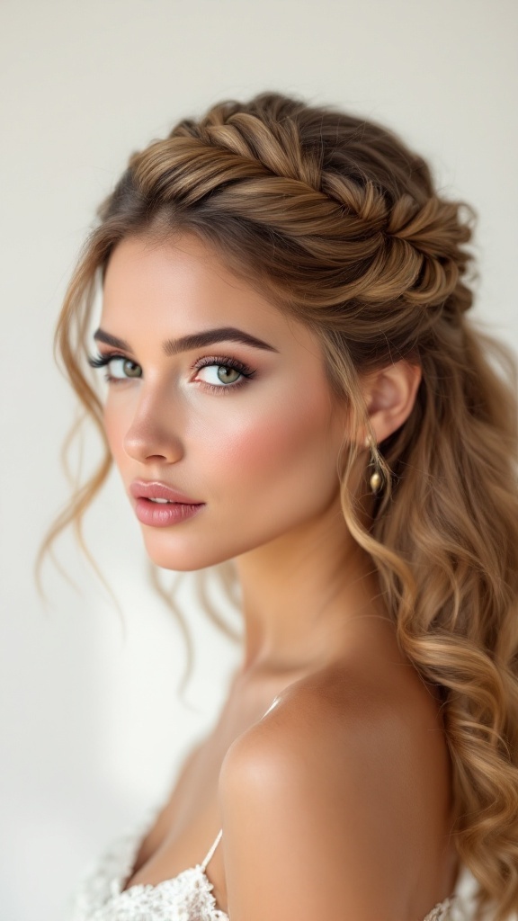 A young woman with a half up twisted crown hairstyle, showcasing elegant twisted sections of hair and soft waves.