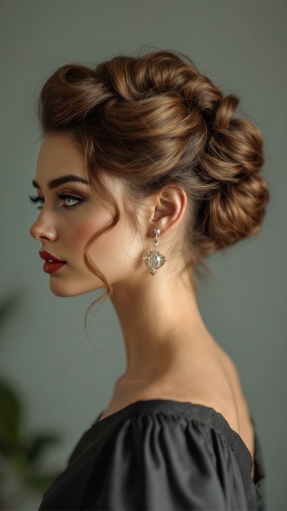 A model showcasing a Half Up Vintage Roll hairstyle with elegant waves and statement earrings.