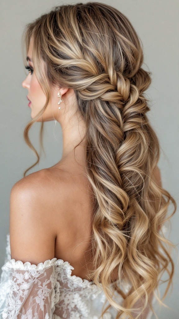 A half up waterfall braid hairstyle with soft waves, showcasing elegance and a relaxed vibe.