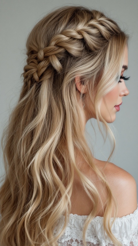 A model showcasing a half up waterfall braid hairstyle with long, flowing hair.