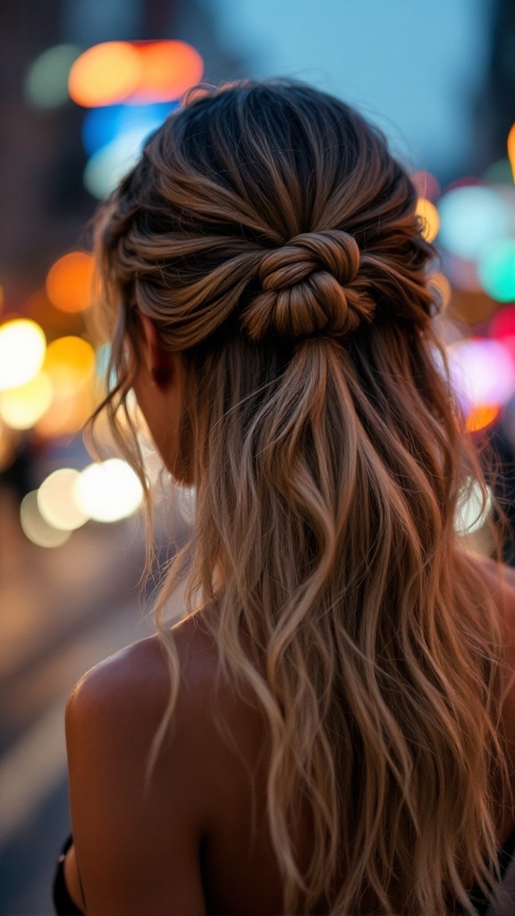 A woman with half up half down hairstyle featuring a knotted detail, showcasing soft waves and a stylish look.