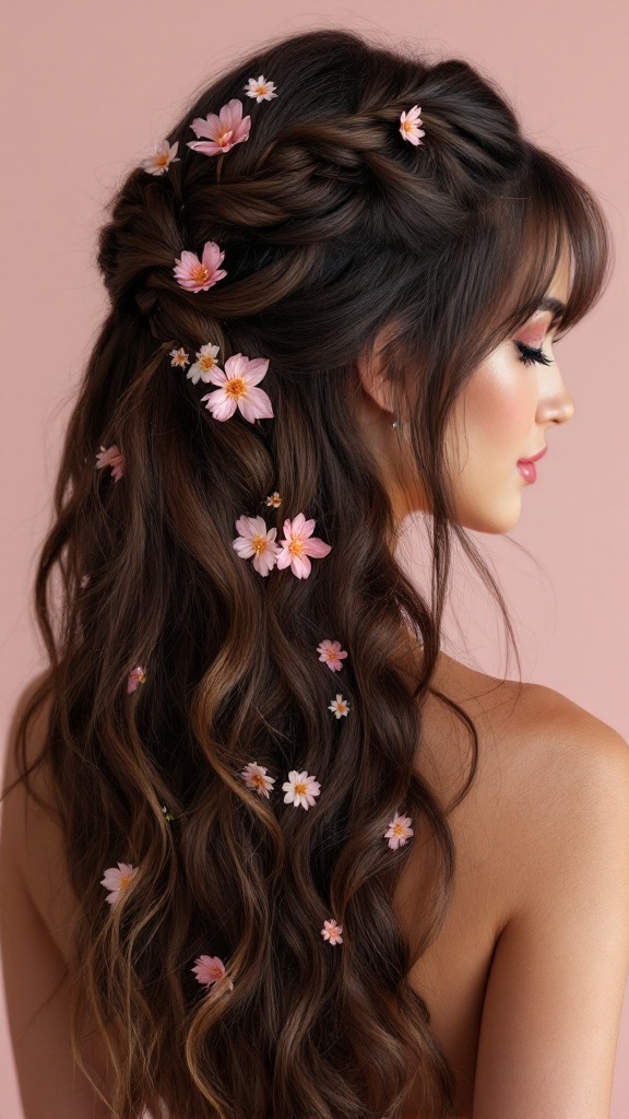 A woman with half up, half down hairstyle featuring braids and bangs, adorned with flowers.