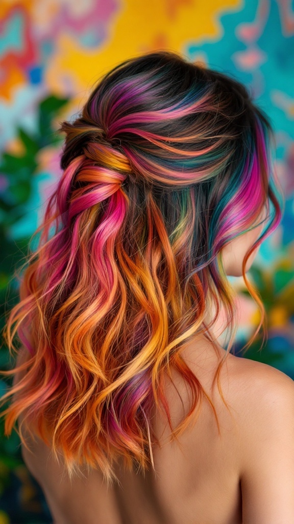 A vibrant half up half down hairstyle with colorful ombre shades.