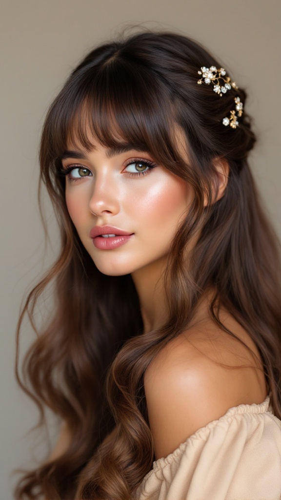 A young woman with half up half down hairstyle and bangs, adorned with hair accessories.