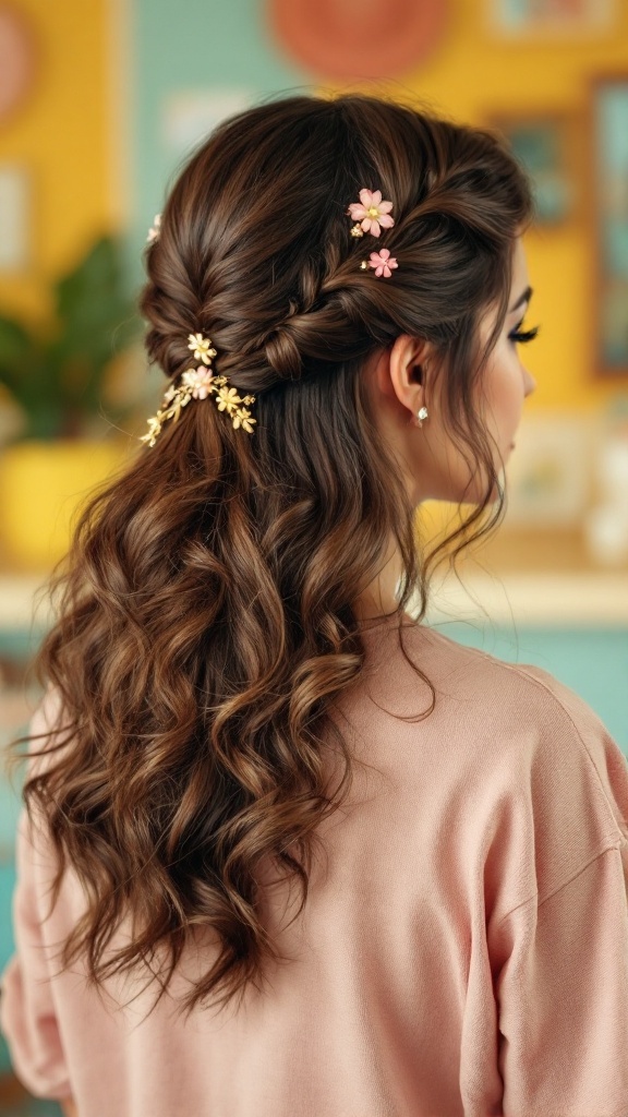 A woman with half up half down hairstyle featuring soft waves and floral clips.