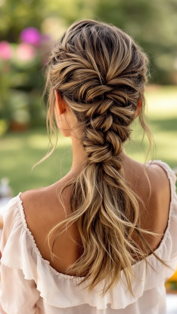 A beautiful half up half down hairstyle featuring a side braid and loose waves.