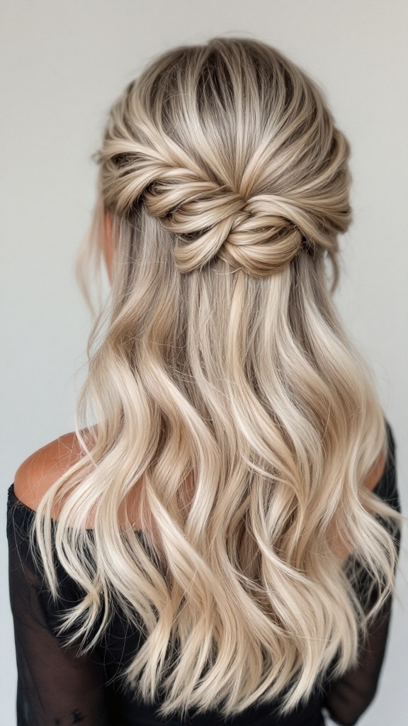 Half up half down hairstyle with side braid and waves