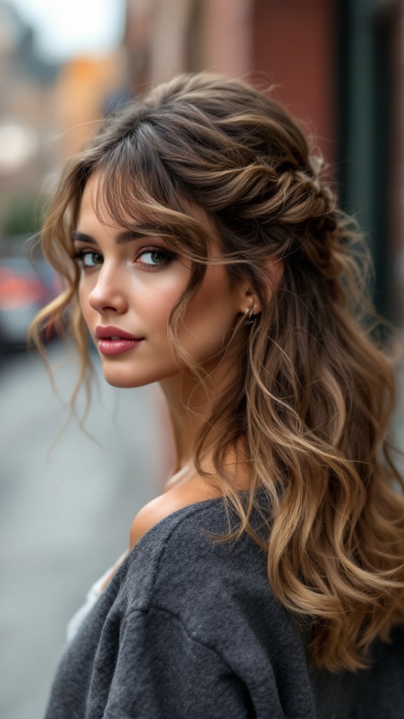 A woman with half up half down hairstyle featuring textured waves, styled elegantly.