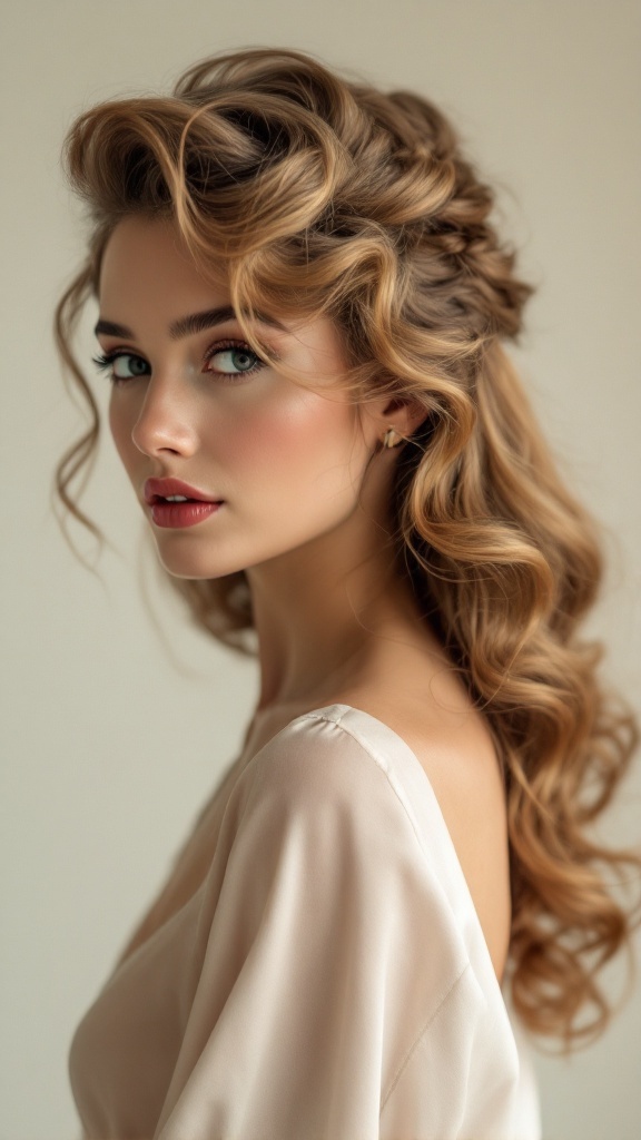 A person showcasing a half up half down hairstyle with vintage curls.