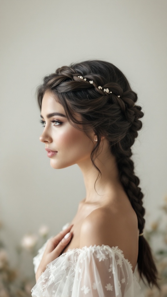 A woman with long hair styled in a halo braid, featuring delicate accessories, looking elegant.