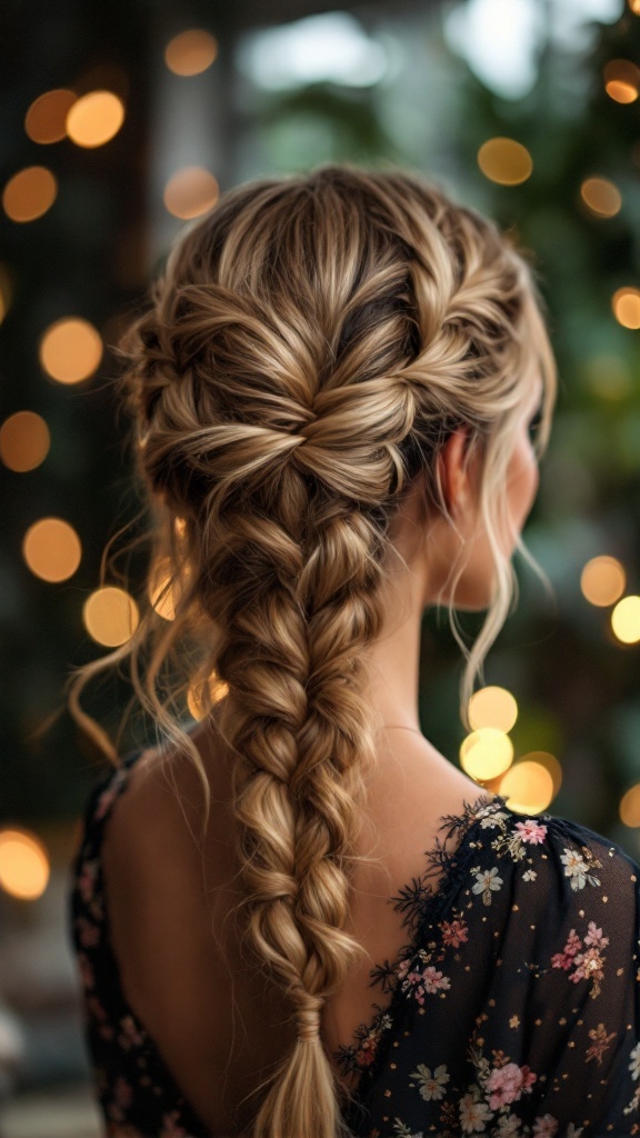A woman with a halo braid hairstyle, featuring loose strands and soft waves, surrounded by soft glowing lights.