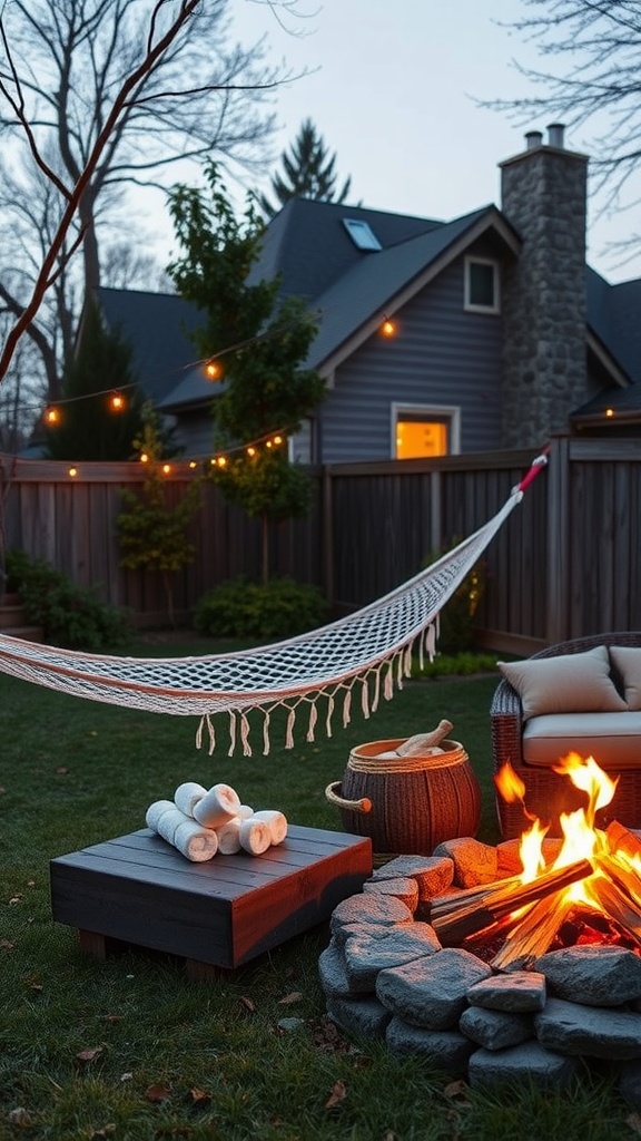 A cozy backyard with a hammock, fire pit, and rolled blankets.