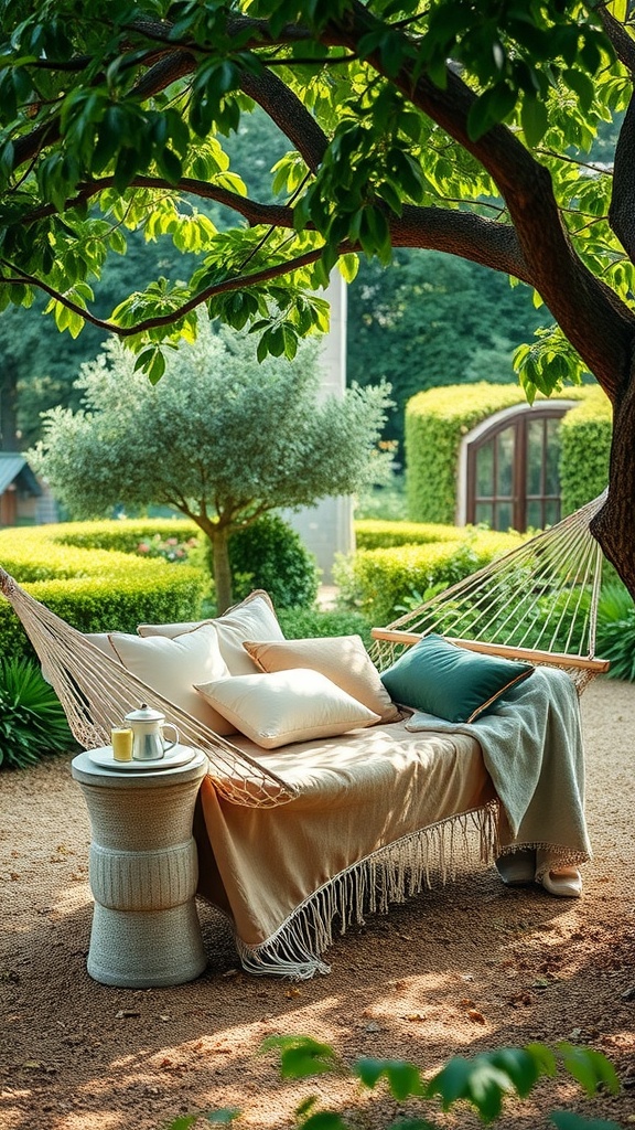 A cozy hammock bed with pillows and a blanket, set in a tranquil backyard garden