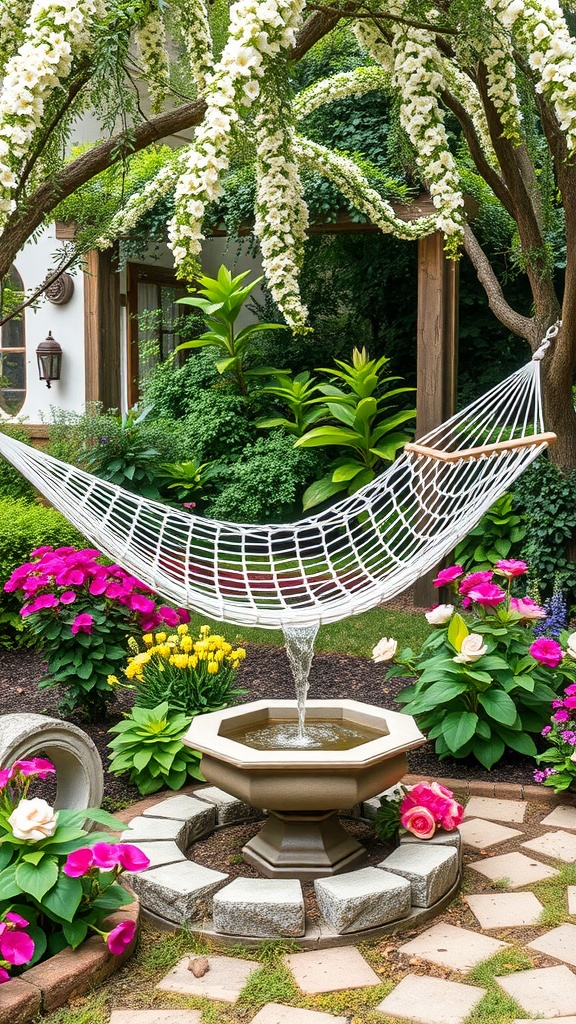 A beautiful garden scene featuring a hammock draped between trees, surrounded by colorful flowers and a soothing fountain.