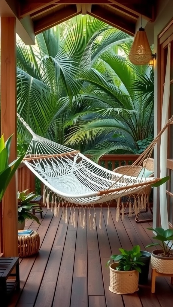 A hammock set up on a deck surrounded by greenery and potted plants.