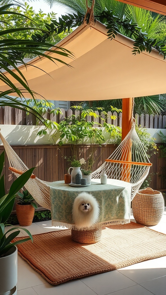 A hammock station with a shade canopy, featuring plants and a cozy setting.