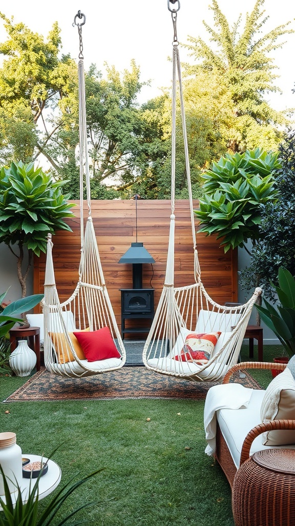 Backyard with two hammock swings and lush greenery