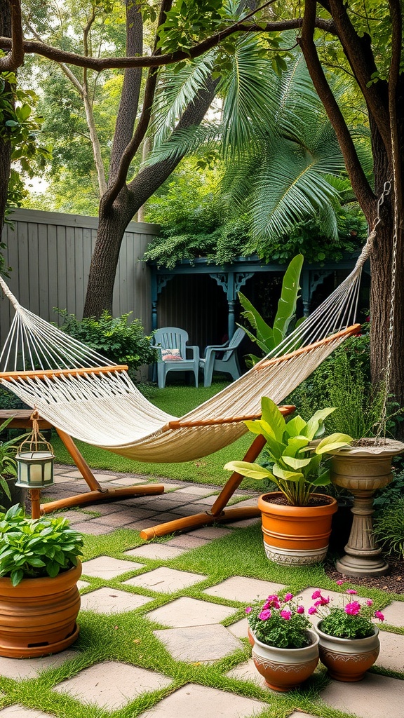 A cozy hammock surrounded by greenery and potted herbs in a backyard setting.