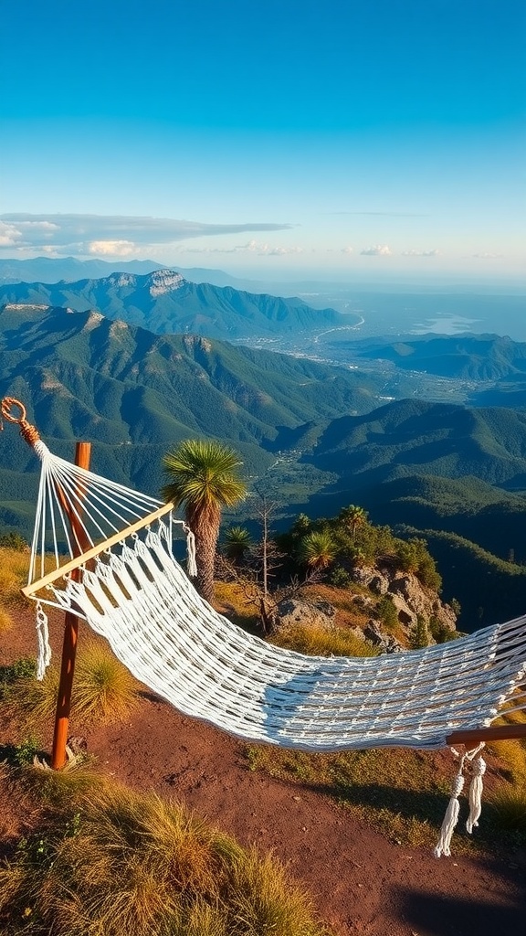 A hammock on a mountain with panoramic views of lush green valleys and distant mountains under a clear blue sky.