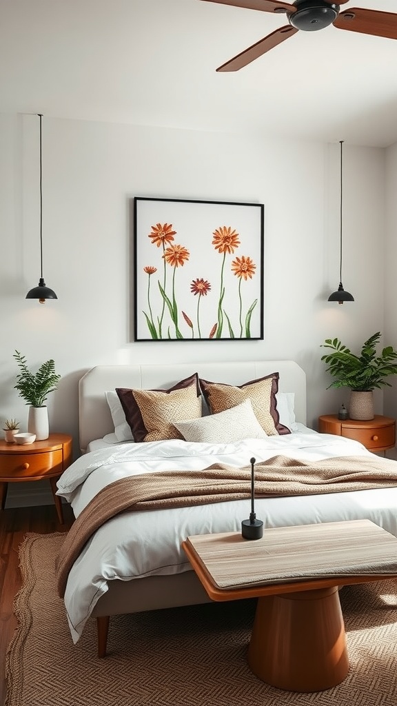 A cozy bedroom featuring hand-painted floral artwork, soft bedding, and warm decor.