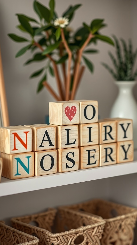 A collection of hand-painted nursery blocks spelling playful words, displayed on a shelf with greenery in the background.