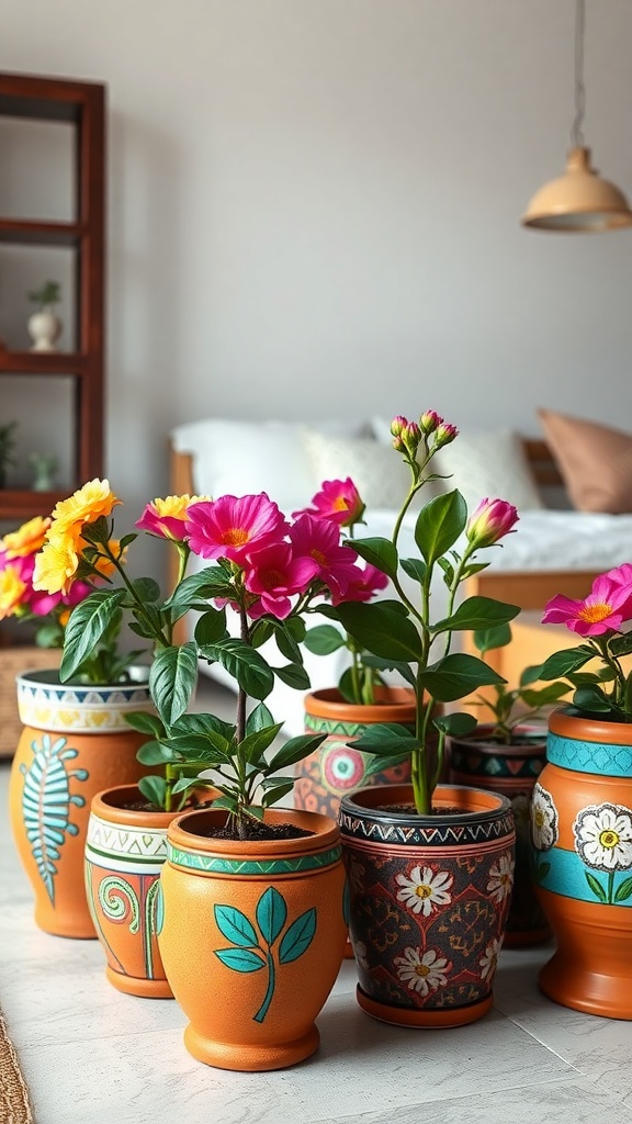 A collection of hand-painted terracotta pots with colorful flowers.