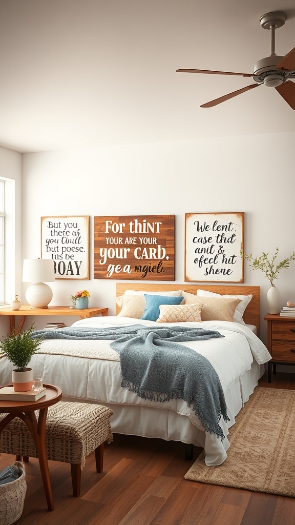 Cozy bedroom with hand-painted wooden signs above the bed, featuring unique messages.
