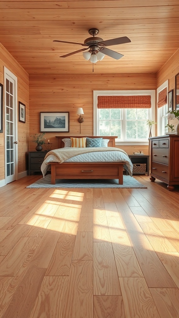 A cozy room featuring hand-scraped hardwood flooring with warm tones and natural light.