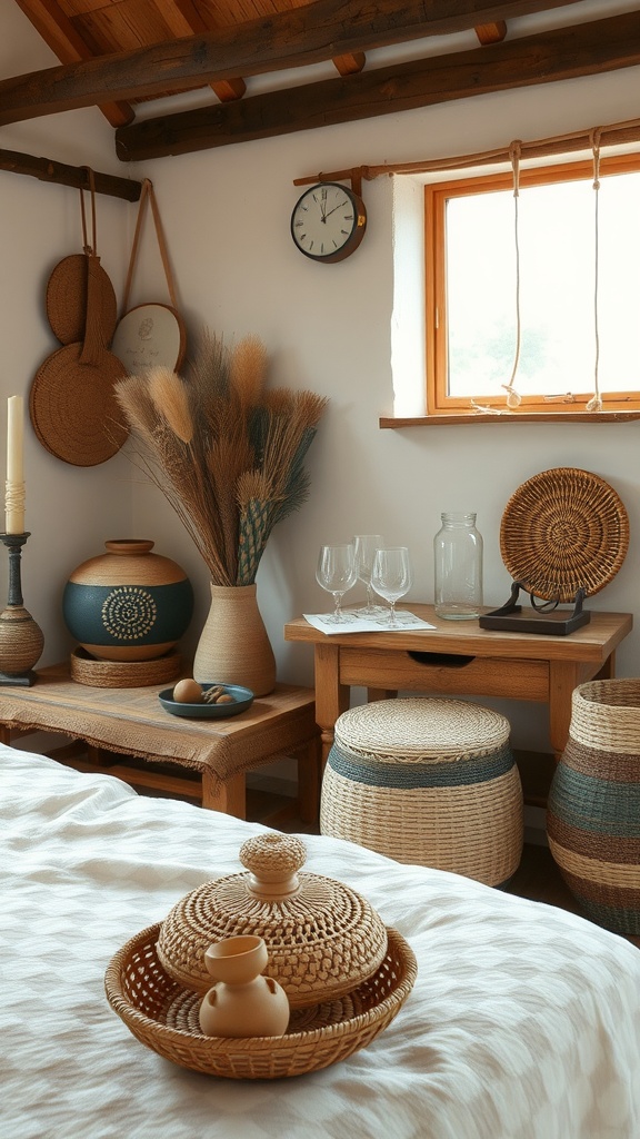 A rustic bedroom showcasing handcrafted accessories such as woven baskets and pottery on a wooden table.